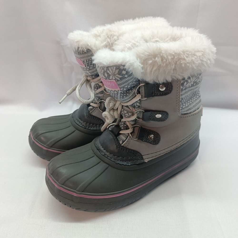 London Fog Tottenham Kids Grey Pink Fair Isle Faux Fur Winter Snow Boots Size 13